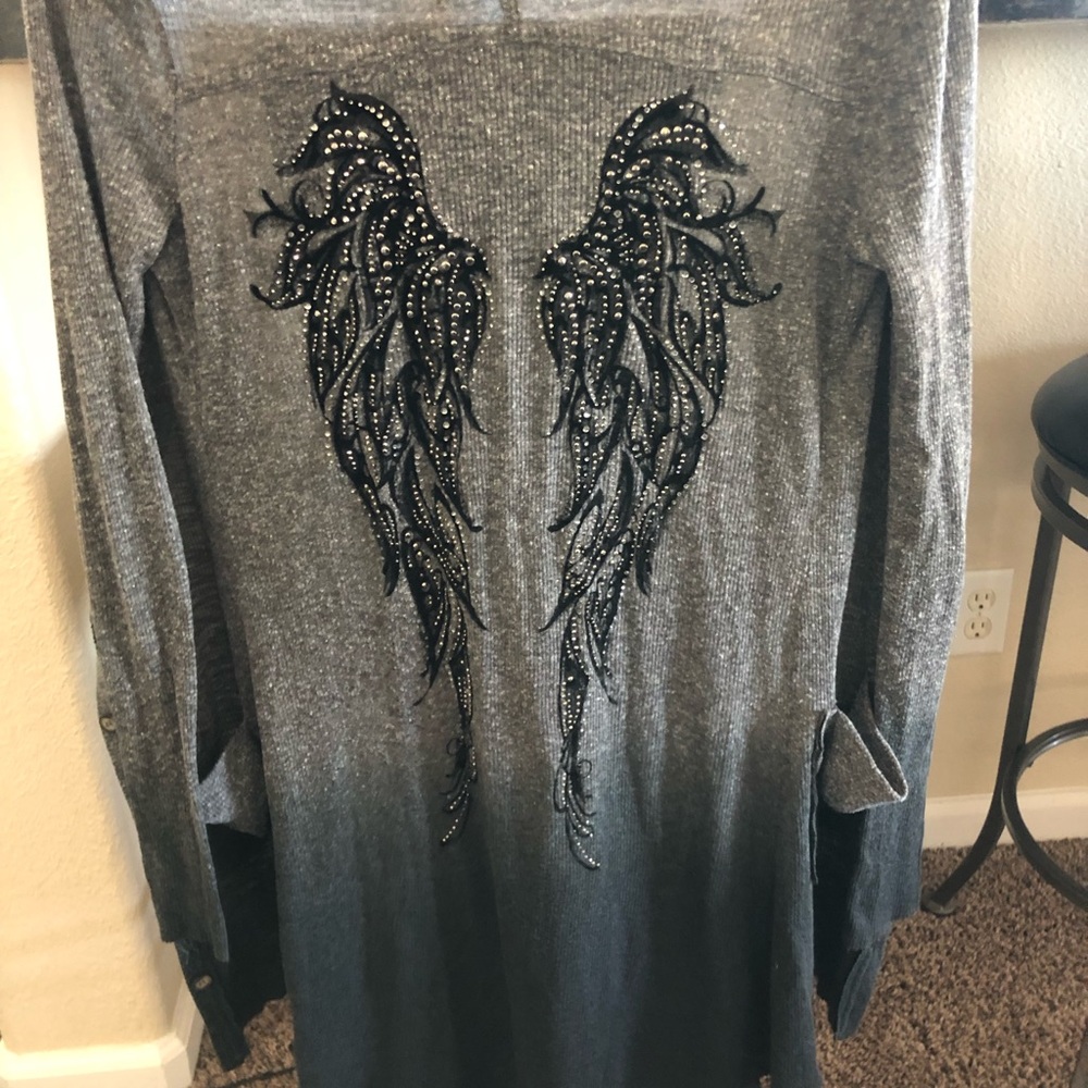 Miss Me Gray Ombre Sweater with bling Angel Wings